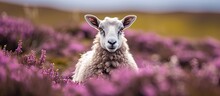 Close-up Of A Dalesbred Ewe In Spring, Facing Camera On Managed Open Grouse Moorland With Grasses And Heather Background. Nidderdale, Yorkshire. Copy Space.