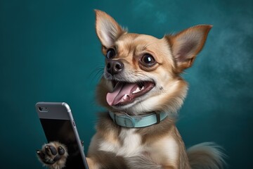Happy smiling smart dog holding a smartphone, blue background, Generative AI