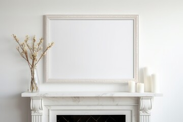 empty white wooden picture frame mockup in a cozy posh luxurious interior design with fireplace, whi