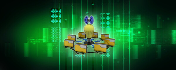 Poster - 3d illustration WIFI symbol sign with cfl bulb around folder network
