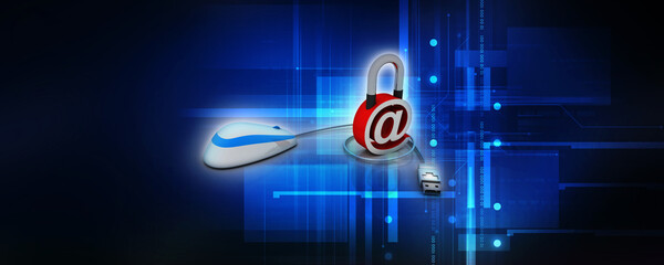 Poster - 3d rendering E-mail symbol protection lock connected mouse. Internet security concept