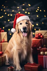 Canvas Print - A festive golden retriever wearing a Santa hat poses in front of presents. Generative AI.