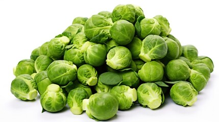 Wall Mural - A bountiful pile of fresh Brussels sprouts glistens on a pristine white background, inviting you to savor their vibrant green goodness. Generative AI.