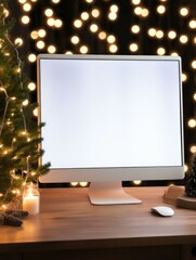 Wall Mural - A festive Christmas tree illuminates a computer screen with soft lights. Generative AI.