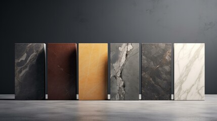 Canvas Print - A luxurious collection of durable sintered stone, featuring various colors of marble on a modern table. Generative AI.