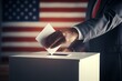 USA political candidate putting vote in a box with flag, Generative AI