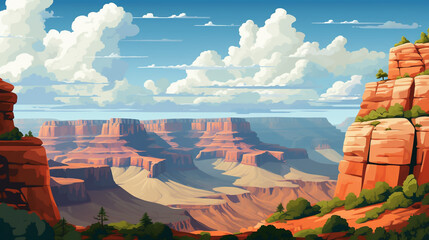 Wall Mural - The view of a barren canyon. Canyon formations occur due to water erosion millions of years ago. 2D flat cartoon style illustration.