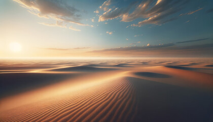 Poster - Sweeping desert dunes at sunrise with dramatic sky, symbolizing new beginnings. Inspiration concept. Generative AI
