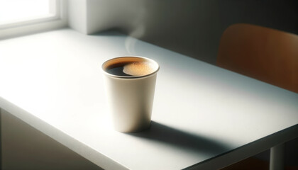Poster - Coffee in a paper cup on a bright table, natural morning light. Generative AI