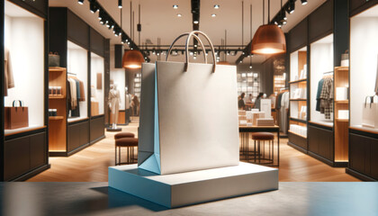 Poster - Shopping bag on display pedestal in a contemporary boutique environment. Branding and retail concept. Generative AI