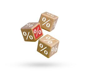 Wooden blocks with percentage sign flying on white background.