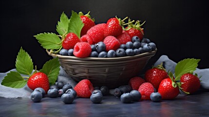 Wall Mural - Fresh mixed berries in basket on dark backdrop. Healthy food and lifestyle.