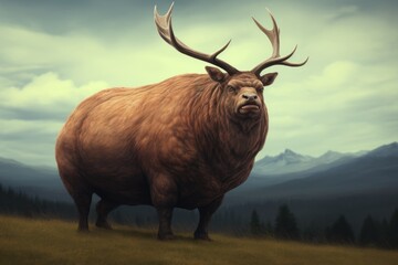 A fat moose is standing in forest. Animal obesity. Ecology.