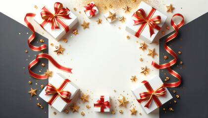Poster - Gift boxes with golden ribbons on a contrasting white backdrop. Celebration theme concept. Generative AI