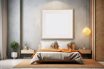 Wall Mural - Interior of a bedroom in Mid-Century Modern style with a empty, blank white canvas for mock up hanging over the bed