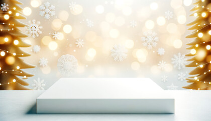 Poster - Minimalist Christmas mockup with snowflakes and golden tree bokeh, ideal for holiday branding. Generative AI