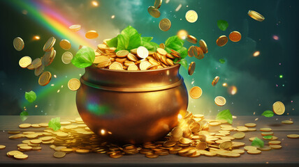 Leprechaun's pot with golden coins, clover leaf, good luck saint Patrick's day concept holiday