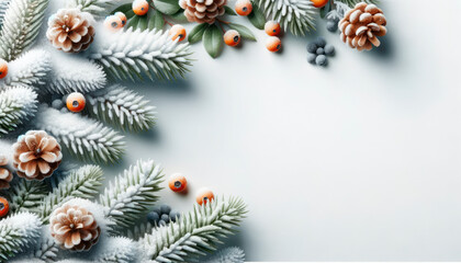 Poster - Frosted fir branches and pine cones adorned with rowan berries, snowy Christmas decoration. Generative AI