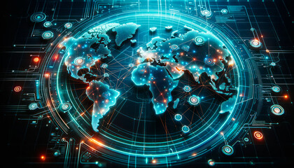 Poster - Global network map with high-tech digital interface. Cybersecurity and information technology concept. Generative AI