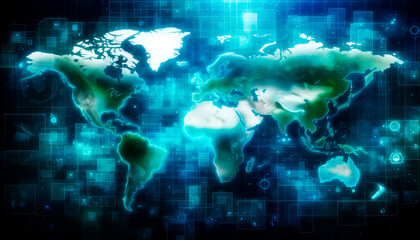 Poster - abstract digital world map with blue glowing grid network lines on dark background. connectivity con