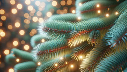 Poster - Lush pine needles in focus against a backdrop of soft golden bokeh, holiday warmth background. Generative AI
