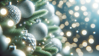 Poster - Christmas tree with baubles and snowflakes on bokeh background. Generative AI