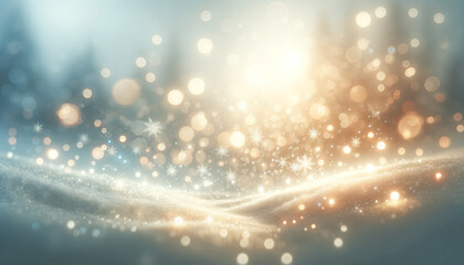 Poster - Sparkling bokeh lights overlaying a frosty winter landscape at dusk. Serene twilight concept. Generative AI