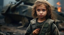 Destroyed ruined building background. Terrible tragic war concept. Global crisis. Poor little girl suffer. Political conflict. Dirty scared children. Sad scary scene. Hot spot aggression. Pray for kid