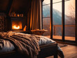 Rustic interior decoration for a log cabin bedroom. A cozy warm blanket on the bed by the window