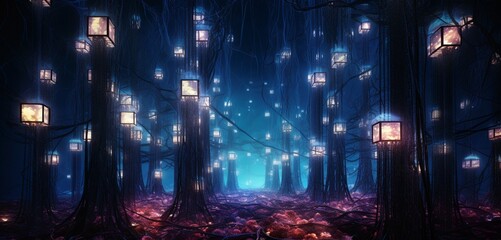 Wall Mural - digital vines of light climbing an imaginary lattice, forming a surreal fusion of nature and virtual