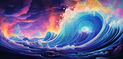 Wall Mural - a surreal cascade of neon waves, crashing against a pixelated shore in a hypnotic display of color a