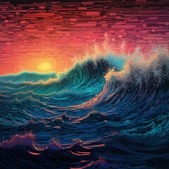 Wall Mural - a surreal cascade of neon waves, crashing against a pixelated shore in a hypnotic display of color.