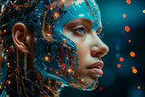 Fototapeta  - Humanoide, medio humano-robot capacitado con AI, implante robótico en la cabeza conectado con el cerebro para dotar de inteligencia artificial
