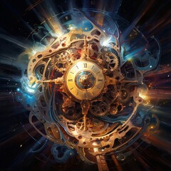 Wall Mural - interlocking gears of light turning in a cosmic clockwork, creating an abstract representation of ti
