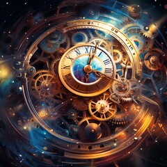 Wall Mural - interlocking gears of light turning in a cosmic clockwork, creating an abstract representation of ti