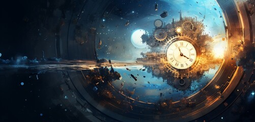 Wall Mural - interlocking gears of light turning in a cosmic clockwork, creating an abstract representation of ti