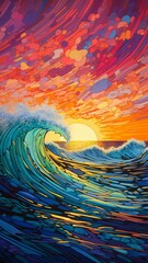 Wall Mural - neon waves crashing against a pixelated shore, painting the horizon with a mesmerizing display of ab