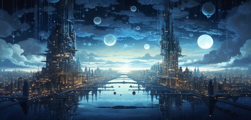 Wall Mural - a surreal city skyline of floating islands, adorned with intricate patterns of illuminated circuits,