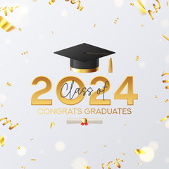 Wall Mural - Greeting card for graduation class 2024. Vector illustration with graduation cap and golden number 2024 for decoration of degree ceremony. Congratulation of graduates 2024.