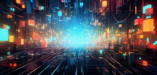 Wall Mural - a surreal symphony of neon lines converging and diverging, creating an intricate web of luminous pat