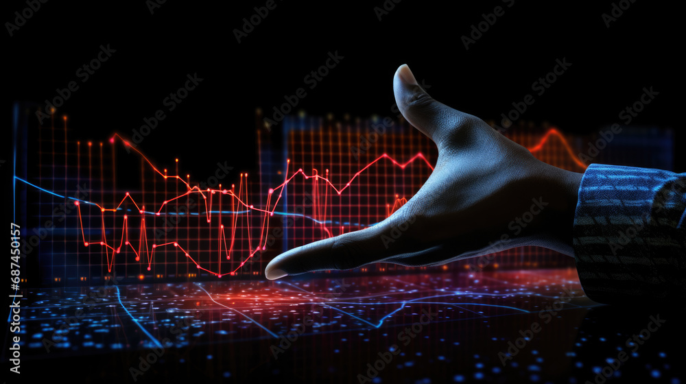 Hand interacting with a futuristic, digital stock market chart ...