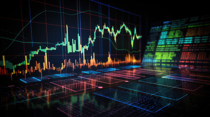 Poster - Close-up of a financial trading screen displaying market data with various colored candlestick charts, numerical values, and trend lines indicating stock performance.