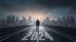 2024 New Year business vision concept .behind of business man stand on asphalt looking ahead to futuristic city with light background.