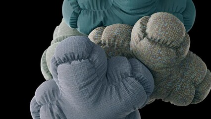 Heap of soft bodies spinning around. 3d animation