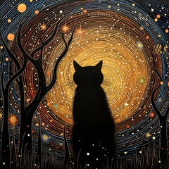 Wall Mural - ai generated illustration of a black cat looking at the night sky illuminated with sparkling stars