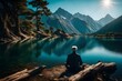 Un homme zen, assia a lavant d'une barque medite en contemplant le paysage clame et magnifique d'un lac enture de montagnes-