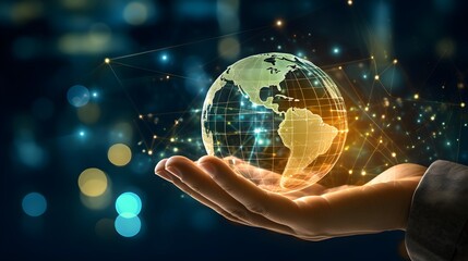 business man hand holding a global network and technology, data exchanges, global communication network concept, world map digital