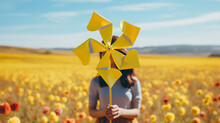 Woman Holding Colorful Pinwheel In Yellow Flowers Field