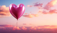 Pink Balloon Heart Shape Against Colorful Blue Sunset Sky And Pink Pastel Sky In A Sunny Bright Morning. Romantic Postcard Background On Valentine's Day. Travel And Recreation Theme Copy Space