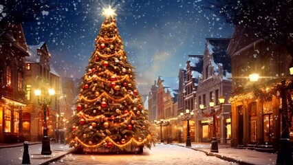 animation of falling snow and sparkling stars. christmas tree in the center of a small town. loop vi